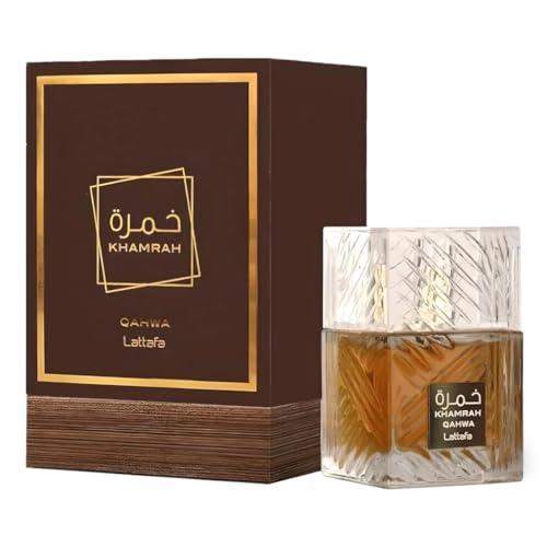 Khamrah Qahwa Eau de Parfum 100ML by Lattafa, showcasing its elegant glass bottle alongside a sophisticated brown and gold packaging.