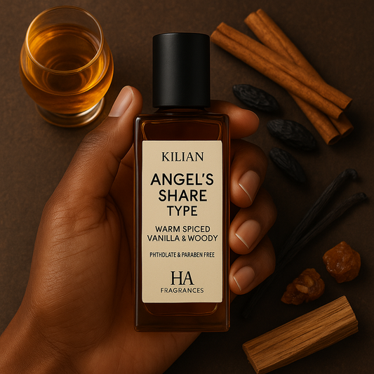 Kilian Angel's Share Type perfume bottle held in a hand with spices and a glass of alcohol on a brown background