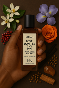 Hand holding a Kilian perfume bottle with flowers and spices on a brown background