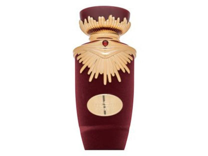 Elegant red and gold Sakeena Eau De Parfum bottle by Lattafa, showcasing intricate golden detailing and luxury design.