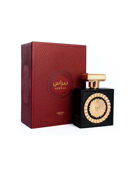 Nebras by Lattafa Pride – luxurious black and gold perfume bottle with elegant design
