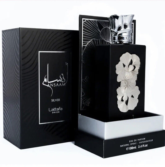 Lattafa Ansaam Silver Eau de Parfum 3.4 fl oz, featuring an elegant black bottle with silver floral detailing and matching premium packaging.