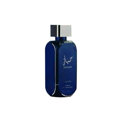 Close-up of the sleek blue Lattafa Hayaati Al Maleky Eau de Parfum bottle, 100ml.