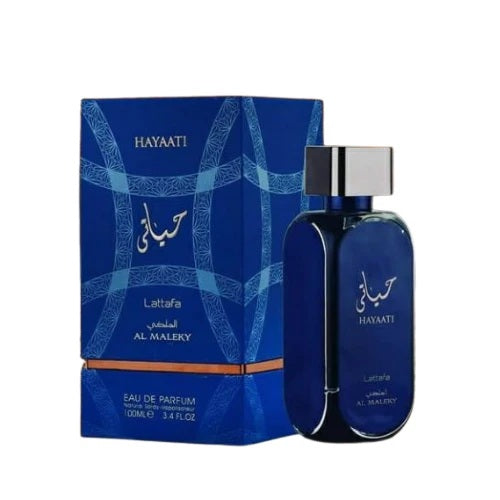 Lattafa Hayaati Al Maleky Eau de Parfum 100ml, featuring the elegant blue bottle and packaging.