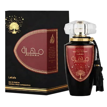 Lattafa Mohra Eau de Parfum 100ml, featuring a luxurious black and red bottle with gold detailing, complemented by elegant packaging adorned with a golden tree design.