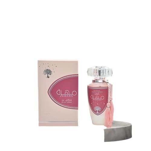 Lattafa Mohra Silky Rose Eau de Parfum 100ml, featuring a delicate pink bottle with tassel detail and its elegant matching packaging.