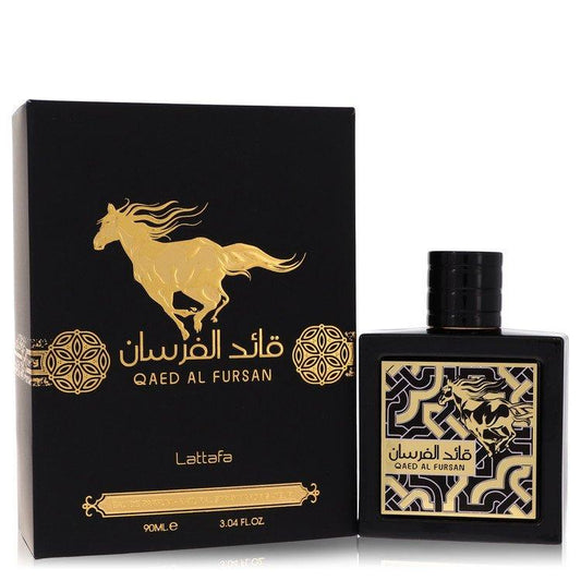 Lattafa Qaed Al Fursan Eau de Parfum 3.04 oz featuring a luxurious black and gold bottle with matching packaging, adorned with a horse design symbolizing strength and elegance.