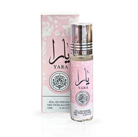 Lattafa Yara oll-on perfume bottles with intricate pink and white floral packaging, highlighting the Arabic calligraphy design.