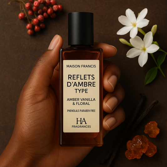 Hand holding a Maison Francis perfume bottle with flowers and spices on a brown background