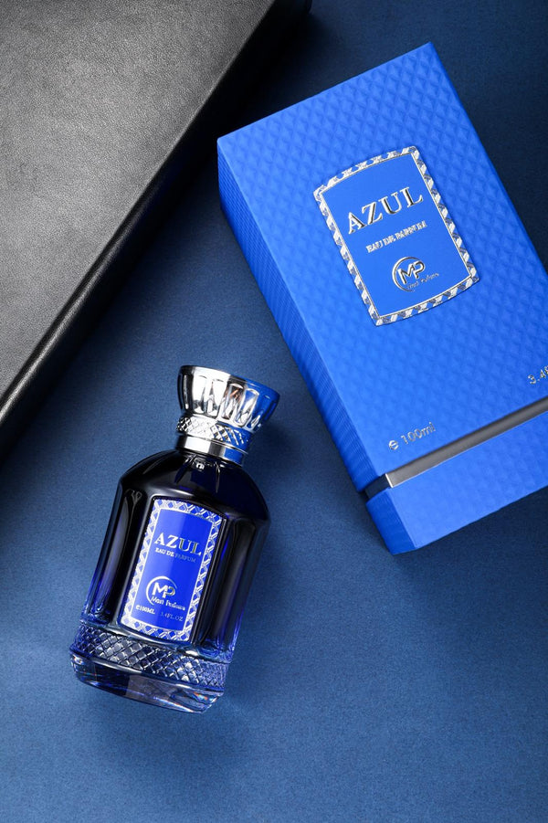 Mast Azul Eau de Parfum bottle and matching blue box by Bharara – elegant packaging showcasing modern unisex fragrance with aquatic, citrus, and musk tones.