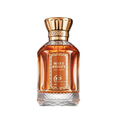 Front view of Mast Boozy Eau de Parfum by Bharara – amber-colored bottle with gold detailing, sweet boozy gourmand fragrance for men and women.