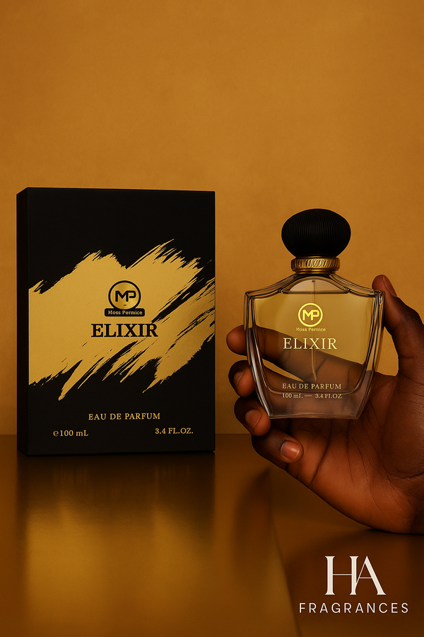Dark-skinned hand holding Mast Perfume Elixir Eau De Parfum bottle beside black and gold box, with amber stones and vanilla pods on a luxury golden background featuring HA Fragrances branding.