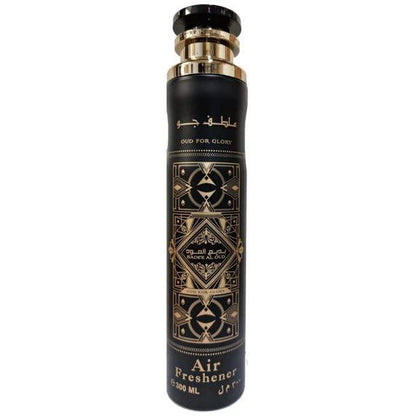 Front view of Oud For Glory by Lattafa air freshener, showcasing a sleek black and gold bottle with intricate geometric designs, 300ml size.