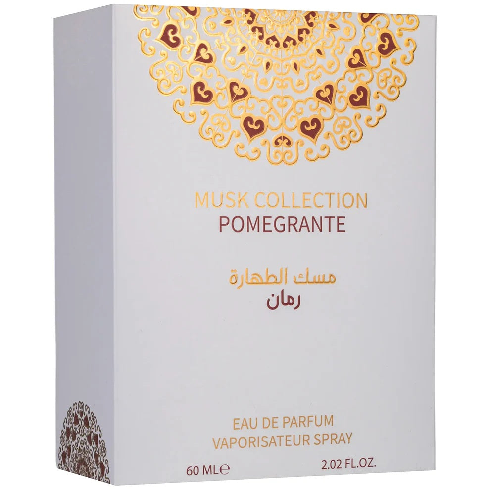 Elegant packaging of Pomegranate Musk Collection EDP 60ml by Gulf Orchid, featuring intricate gold design accents and bold red branding.