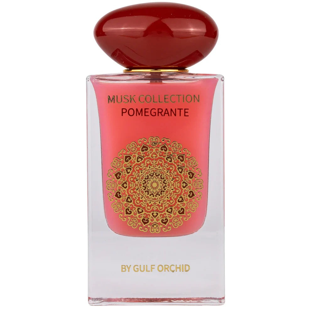 Luxurious red bottle of Pomegranate Musk Collection EDP 60ml by Gulf Orchid, adorned with intricate gold patterns and a striking red cap.