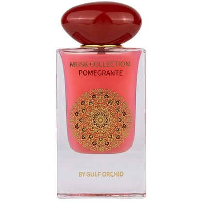 Luxurious red bottle of Pomegranate Musk Collection EDP 60ml by Gulf Orchid, adorned with intricate gold patterns and a striking red cap.