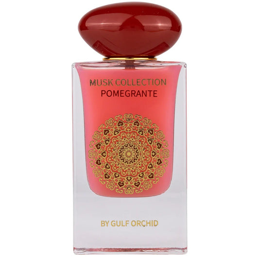 Luxurious red bottle of Pomegranate Musk Collection EDP 60ml by Gulf Orchid, adorned with intricate gold patterns and a striking red cap.