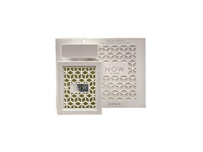 Rave Now White Eau De Parfum Spray bottle and packaging by Lattafa, featuring a white geometric design with elegant branding.