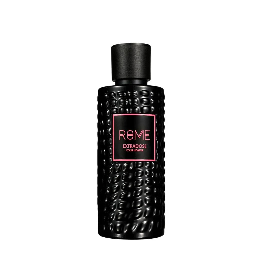 Front view of Rome Extradose Pour Homme Eau de Parfum by Bharara Mast Perfume – sleek black textured bottle with pink logo, bold men’s spicy woody fragrance.