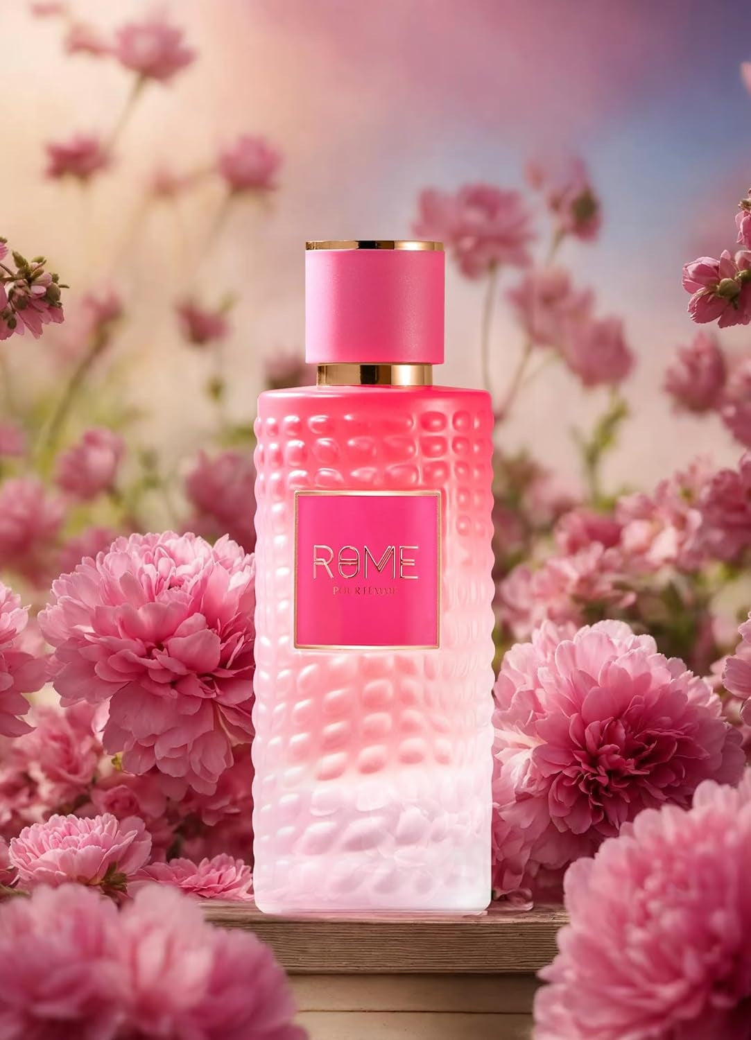 Rome Pour Femme Eau De Parfum 100ML – a beautifully designed pink fragrance bottle surrounded by delicate pink flowers, symbolizing its floral and romantic scent.