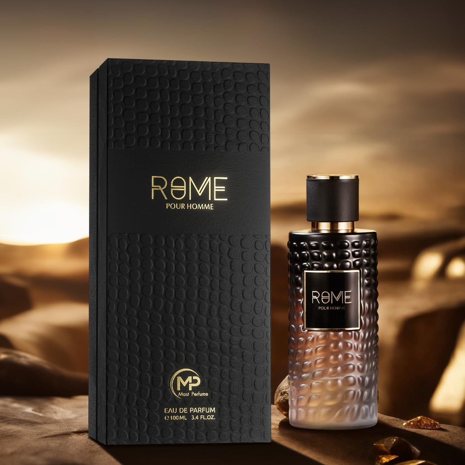 Rome Pour Homme Eau De Parfum 100ML – a sophisticated black and gold bottle next to its matching textured packaging, reflecting luxury and timeless masculinity.