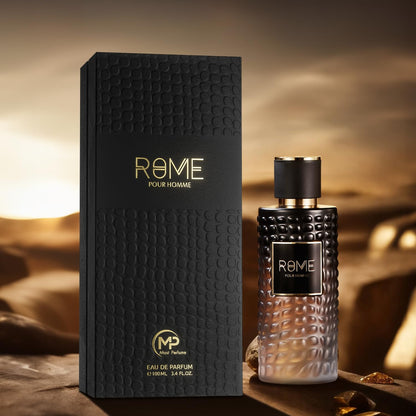 Rome Pour Homme Eau De Parfum 100ML – a sophisticated black and gold bottle next to its matching textured packaging, reflecting luxury and timeless masculinity.