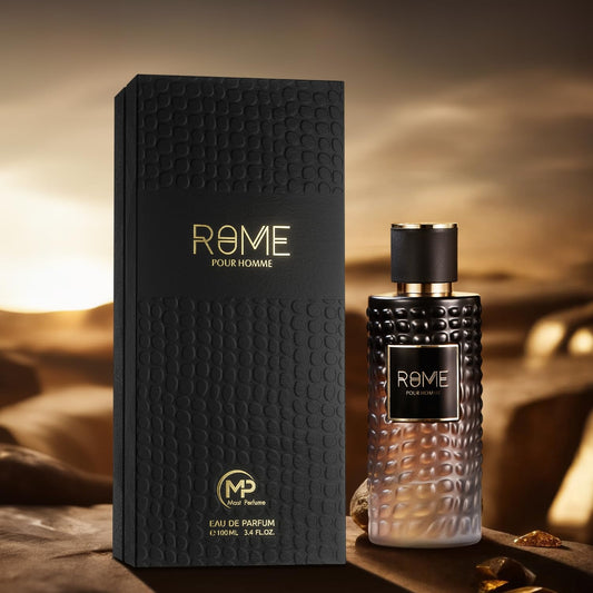 Rome Pour Homme Eau De Parfum 100ML – a sophisticated black and gold bottle next to its matching textured packaging, reflecting luxury and timeless masculinity.