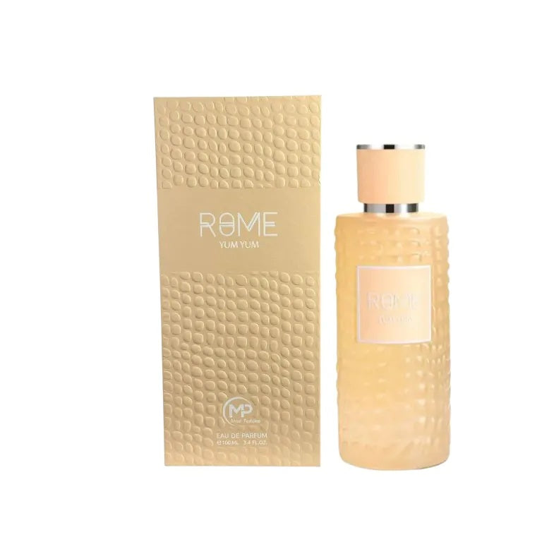 Rome Yum Yum by Bharara Beauty – elegant beige textured bottle and box set, 3.4 oz women’s gourmand floral perfume with notes of red fruits, caramel, and vanilla.