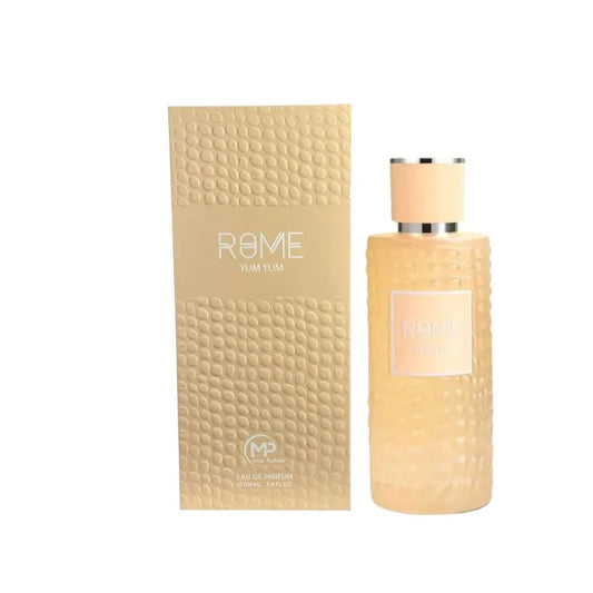 Rome Yum Yum by Bharara Beauty – elegant beige textured bottle and box set, 3.4 oz women’s gourmand floral perfume with notes of red fruits, caramel, and vanilla.