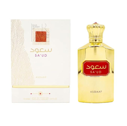 Sa'ud Eau de Parfum 100ml by Asdaaf with its gold bottle and white box featuring a minimalistic design and luxury red branding.