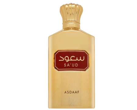 Elegant gold perfume bottle of Sa'ud by Asdaaf with a red label, featuring a crown-inspired cap, exuding luxury and sophistication.