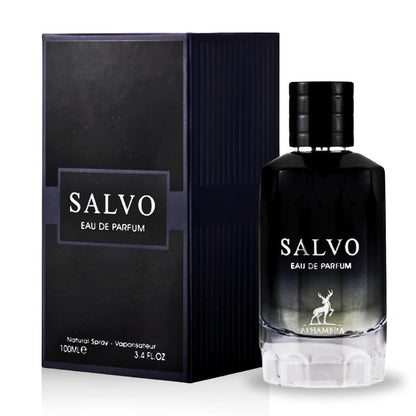 The Salvo Eau De Parfum by Maison Alhambra displayed with its elegant black packaging and a bold, stylish black gradient bottle design.