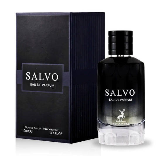 The Salvo Eau De Parfum by Maison Alhambra displayed with its elegant black packaging and a bold, stylish black gradient bottle design.