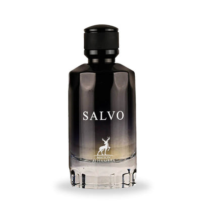 A close-up of the Salvo Eau De Parfum bottle by Maison Alhambra, showcasing its sleek black gradient design with a refined and modern aesthetic.