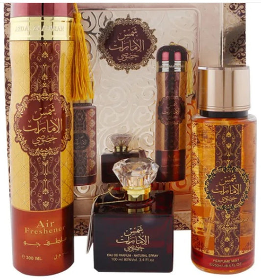 Shams Emarat Khususi 3-Piece Gift Set by Ard Al Zaafaran, featuring a 100ml Eau de Parfum, 250ml Perfume Mist, and 300ml Air Freshener, elegantly packaged for a luxurious Arabian fragrance experience.






