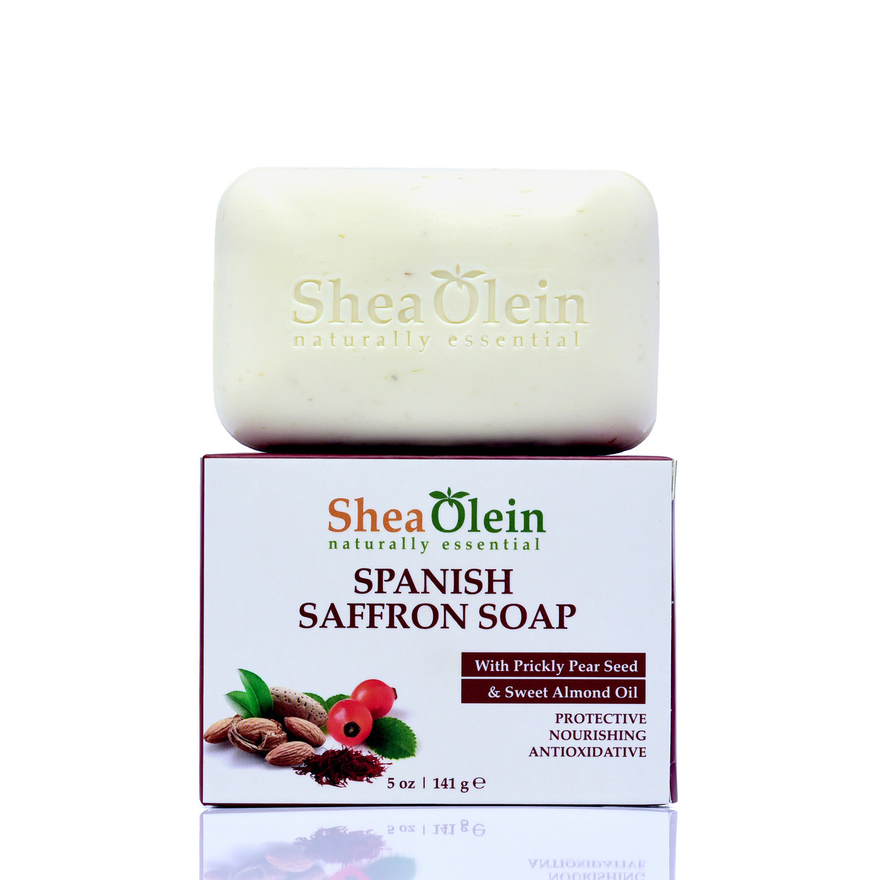 Shea Olein Spanish Saffron Soap bar displayed on its box, highlighting its natural ingredients including Prickly Pear Seed and Sweet Almond Oil for radiant skin.