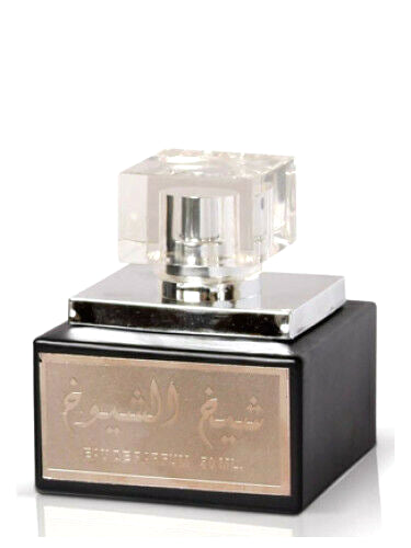 A luxurious black bottle of Sheikh Al Shuyukh Eau De Parfum 30ML by Lattafa with a silver label and crystal clear cap.