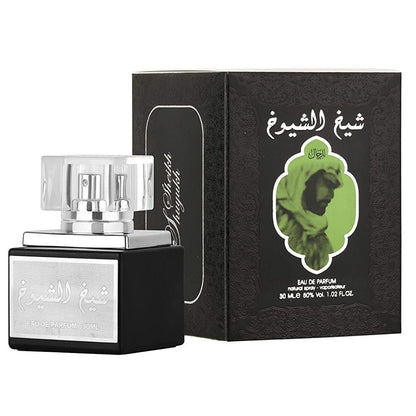Sheikh Al Shuyukh 30ML Eau De Parfum by Lattafa alongside its green and black decorative box featuring Arabic design and a silhouette of a figure.