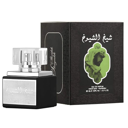 Sheikh Al Shuyukh 30ML Eau De Parfum by Lattafa alongside its green and black decorative box featuring Arabic design and a silhouette of a figure.