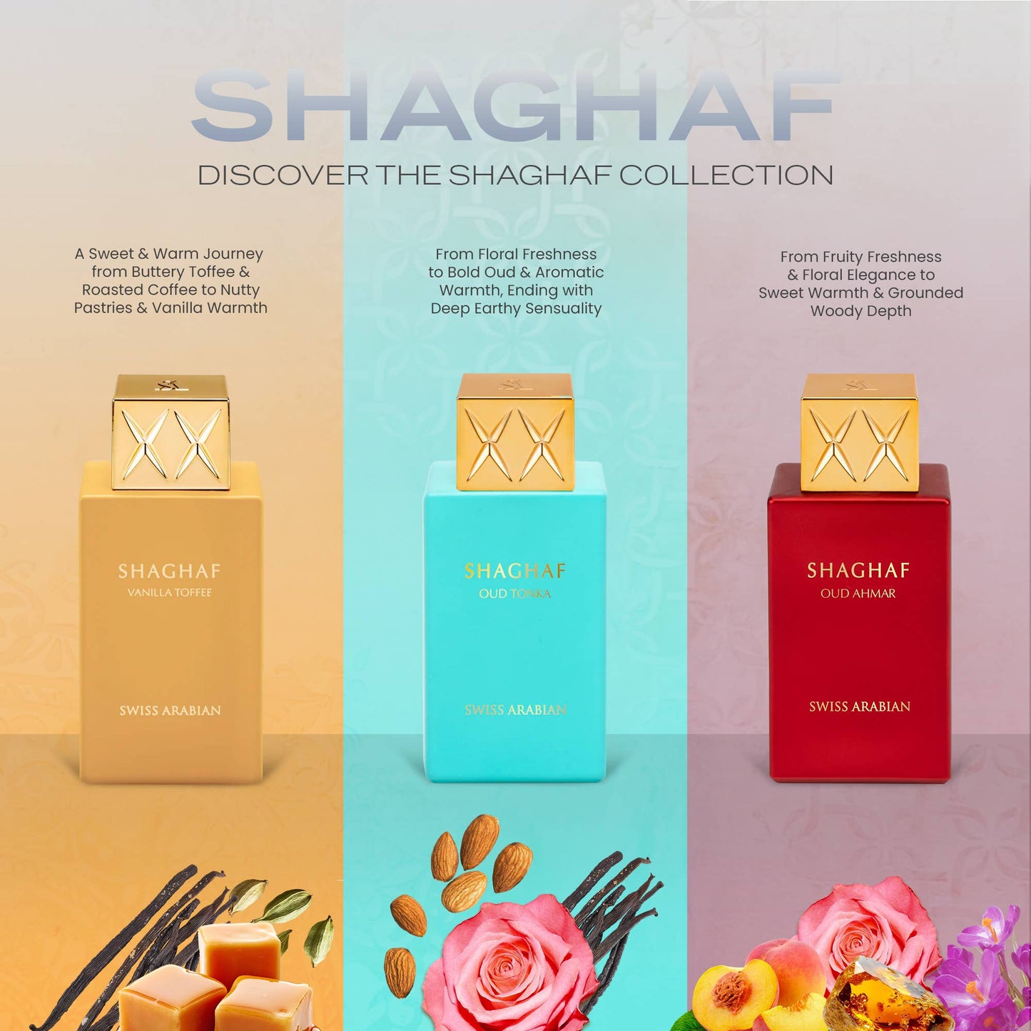 Swiss Arabian Shaghaf Collection featuring three luxury perfumes – Vanilla Toffee, Oud Tonka, and Oud Ahmar. Each bottle showcases rich scents from sweet gourmand notes to bold oud and floral blends, displayed in gold, turquoise, and red bottles with elegant packaging.