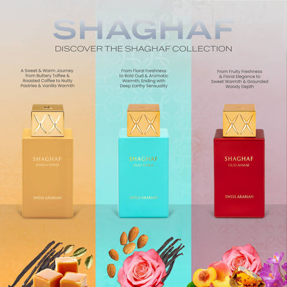 Swiss Arabian Shaghaf Collection featuring three luxury perfumes – Vanilla Toffee, Oud Tonka, and Oud Ahmar. Each bottle showcases rich scents from sweet gourmand notes to bold oud and floral blends, displayed in gold, turquoise, and red bottles with elegant packaging.