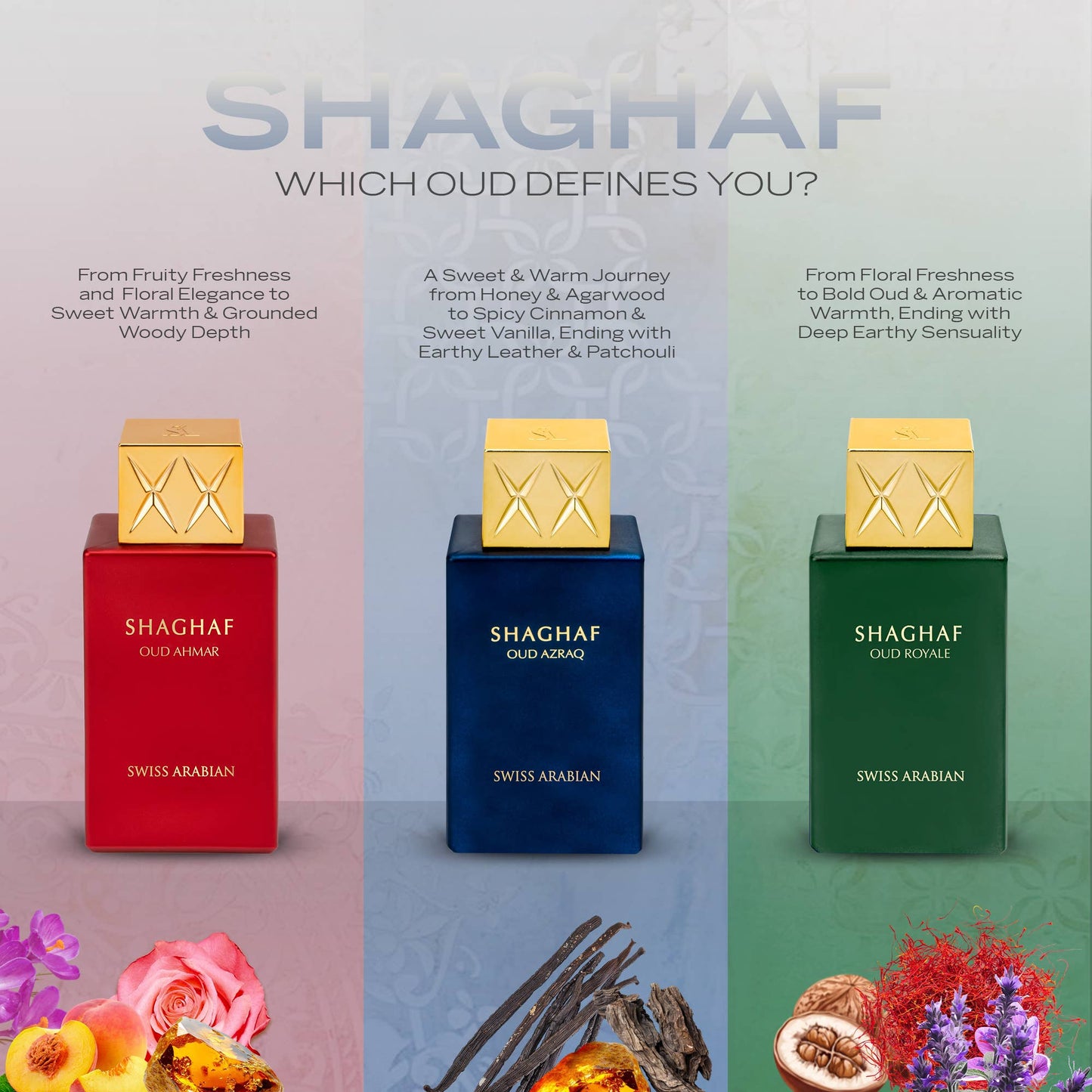 Swiss Arabian Shaghaf Oud Collection featuring red Shaghaf Oud Ahmar, blue Shaghaf Oud Azraq, and green Shaghaf Oud Royale perfume bottles displayed side by side with floral, amber, and woody notes beneath, showcasing luxury Arabian fragrances.