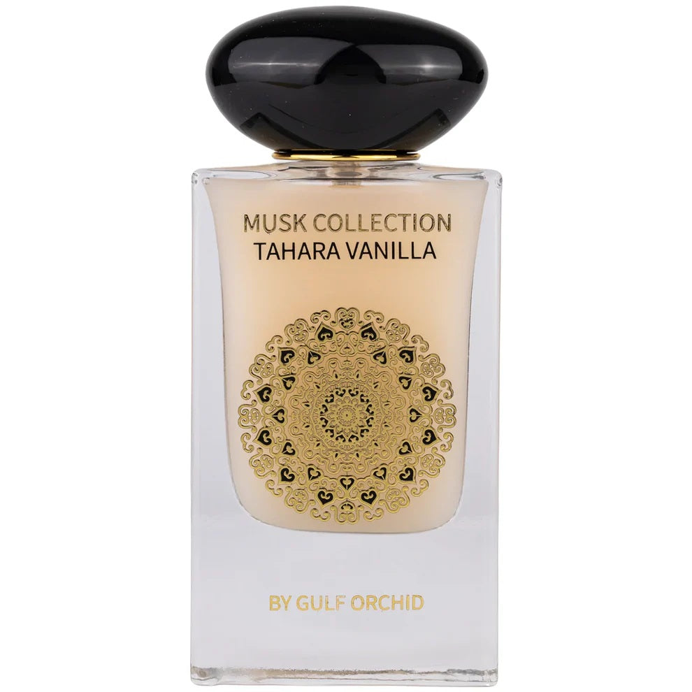 Close-up of the Tahara Vanilla Musk Collection 60ml perfume bottle by Gulf Orchid, featuring an elegant gold design and black cap.
