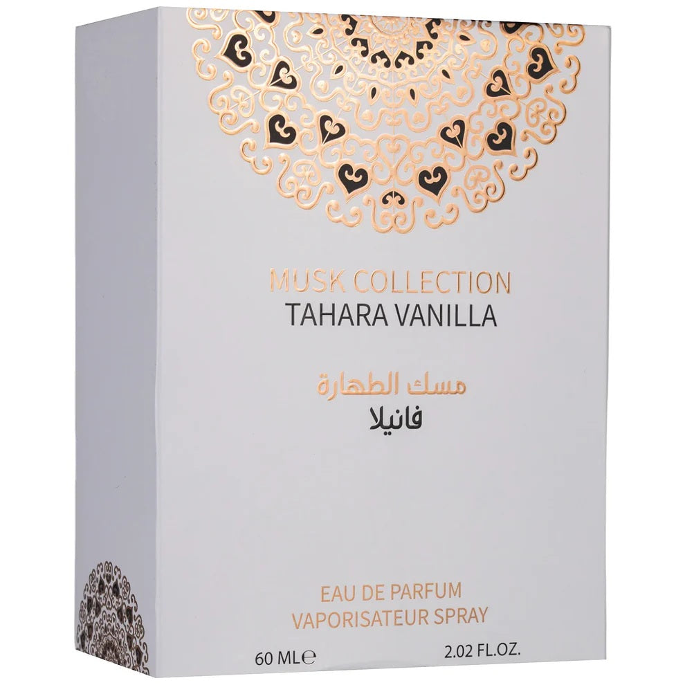 Tahara Vanilla Musk Collection 60ml perfume box by Gulf Orchid, showcasing a luxurious white and gold design with Arabic text.