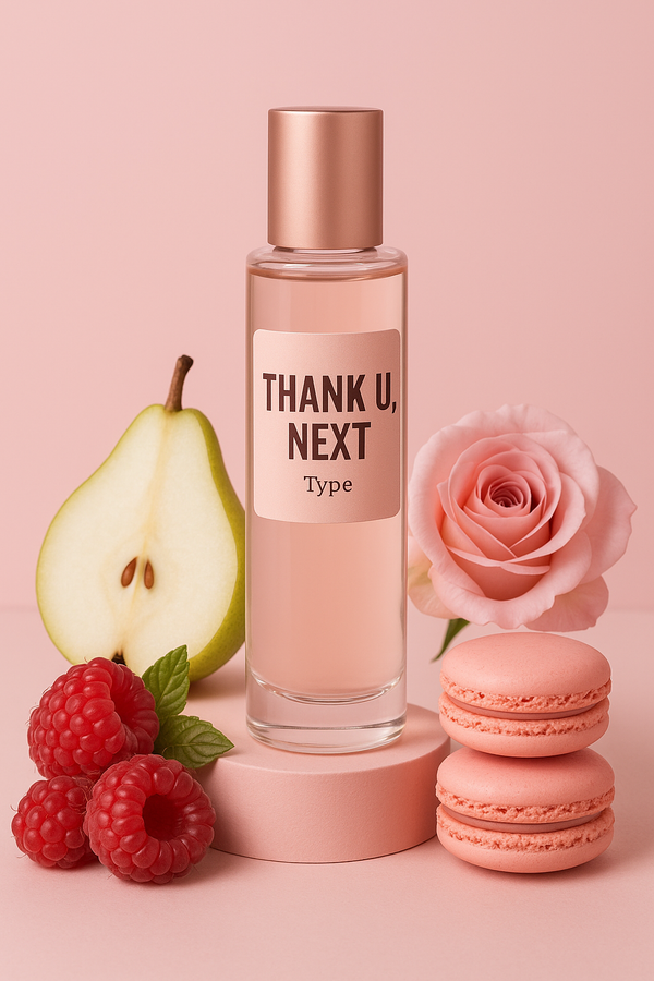 Glass bottle of Thank U Next Type perfume oil surrounded by fresh raspberries, pear, rose, and pink macarons on a pastel pink background – fruity floral gourmand fragrance.