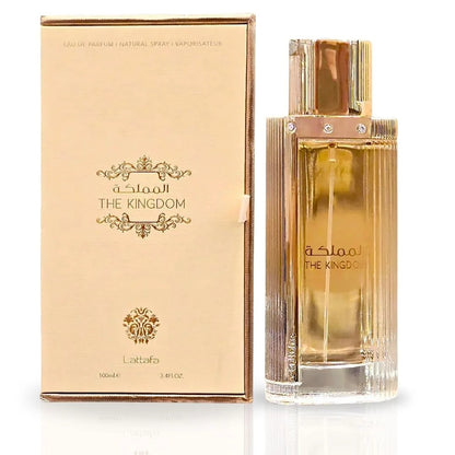 The Kingdom for Women Eau De Parfum by Lattafa displayed with its sophisticated beige and gold packaging and a stunning glass bottle with refined gold accents.