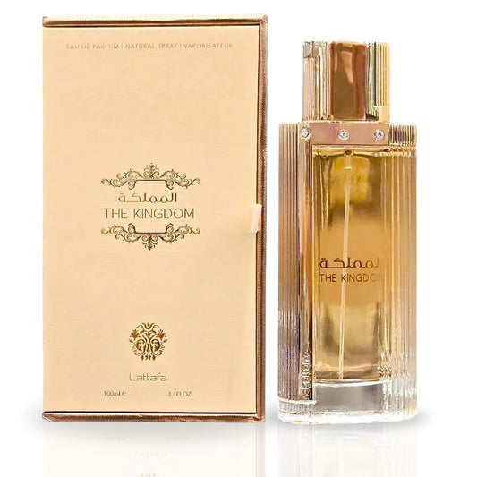 The Kingdom for Women Eau De Parfum by Lattafa displayed with its sophisticated beige and gold packaging and a stunning glass bottle with refined gold accents.