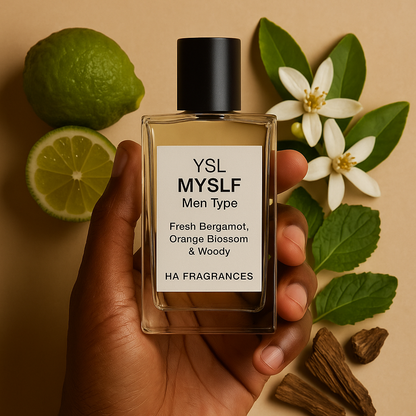 A dark-skinned hand holding a rectangular glass perfume bottle labeled “YSL MYSLF Men Type – Fresh Bergamot, Orange Blossom & Woody” by HA Fragrances, surrounded by fresh bergamot fruits, white orange blossom flowers, patchouli pieces, and green leaves on a warm beige background