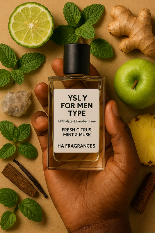 A dark-skinned hand holding a rectangular glass perfume bottle labeled “YSL Y for Men Type – Fresh Citrus, Mint & Musk” by HA Fragrances, surrounded by bergamot, ginger root, mint leaves, green apple, pineapple slice, ambergris, vanilla pod, and cedarwood pieces on a warm beige background