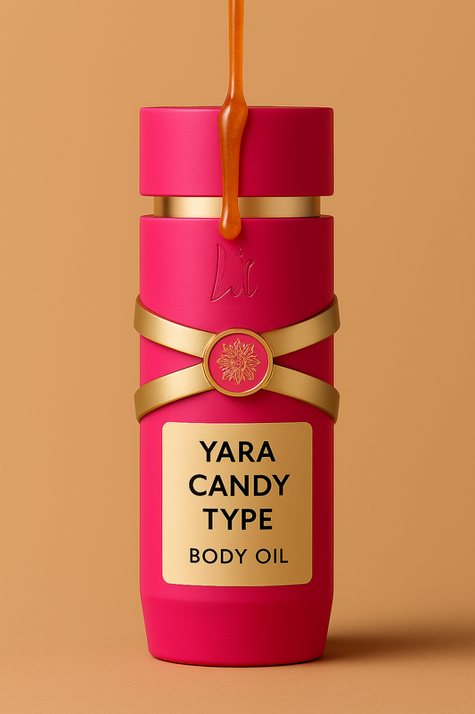 Hot pink Yara Candy Type Body Oil bottle with gold detailing and floral medallion, featuring black text and a golden oil drip, set against a beige background – elegant, sweet-themed packaging inspired by the original Lattafa perfume design.